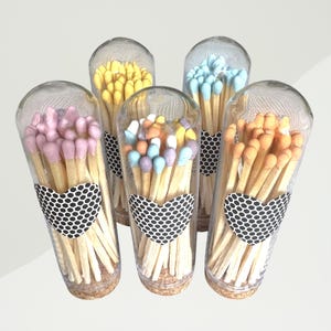 Può includere: Sei tubi di vetro pieni di fiammiferi colorati. Ogni tubo ha un'etichetta a forma di cuore in bianco e nero con un motivo a nido d'ape. I fiammiferi sono disposti in fila su una superficie bianca.