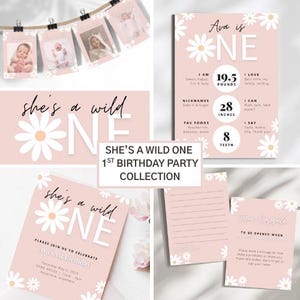 May include: A selection of pink and white first birthday party decorations. Includes a banner of baby photos, invitations, a stats poster, and a time capsule card. The theme is "She's a Wild One."