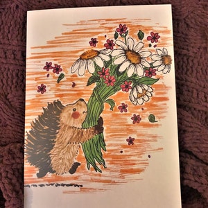 Cartão de felicitações fofo cartão de aniversário em branco arte animal ouriço com flores cartão de dia das mães sem envelope