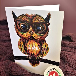Jolie carte de voeux, carte d'anniversaire vierge, oeuvre d'art animalière, carte hibou colorée, sans enveloppe