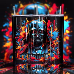 May include: Three stainless steel tumblers with lids and straws. Each tumbler features a colorful abstract design with a black and blue Darth Vader character in the center.