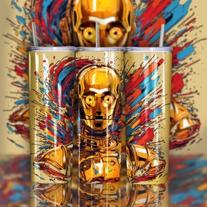 以下が含まれることがあります： カラフルな抽象的な背景に、金色のロボットの頭部が描かれています。ロボットは、小さく口を開けた大きな丸い頭と、2つの大きな丸い目をしています。背景は、青、赤、黄、オレンジの塗料の飛沫が混ざり合ったものです。