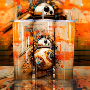 Puede incluir: Tres vasos de acero inoxidable con un diseño abstracto colorido que presenta un droide de la franquicia de Star Wars. El diseño incluye salpicaduras de naranja, amarillo, azul y marrón.