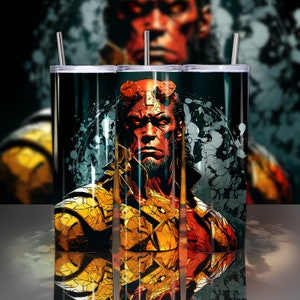 Puede incluir: Tres vasos de acero inoxidable con un estampado gráfico de un personaje de piel roja, con cuernos, barba negra y fondo con estampado dorado y rojo. El personaje está rodeado de salpicaduras negras y blancas.