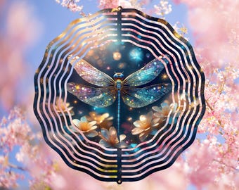 May include: A metal wind spinner with a blue and purple dragonfly design. The dragonfly is surrounded by a ring of flowers and a sparkling background. The wind spinner is suspended from a string.