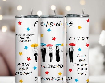 May include: Three white stainless steel tumblers with the word "FRIENDS" in black. Each tumbler has quotes and character illustrations. The tumblers are decorated with colorful stars and quotes from the show.