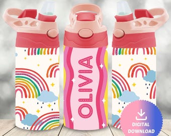 Gourde arc-en-ciel personnalisée 12 oz, Emballage pour gobelet pour enfants 12 oz, Ajoutez votre nom au format png, Gobelets avec nom, Adorable emballage pour gobelet, Emballage pour gobelet pour enfants