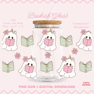 Bookish Ghost Halloween Libbey Glass Can Wrap, 16 oz PNG SVG Digital Download