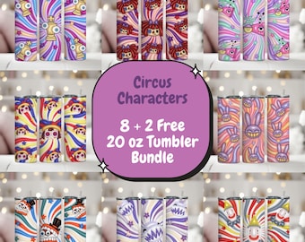 Paquete de envoltorios para vasos de 20 oz con personajes de circo (PNG digital)