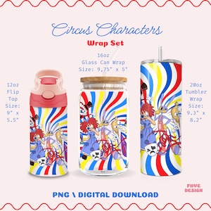 Puede incluir: Un conjunto de tres artículos para beber con temática de circo. Incluye una botella abatible de 12 oz (22,86 cm x 13,97 cm), una envoltura de lata de vidrio de 16 oz (24,77 cm x 12,7 cm) y una envoltura de vaso de 20 oz (23,62 cm x 20,83 cm).