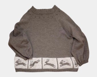 Handknit Oversized Wool Sweater with Bunny Motif – Merino & Mohair Cozy Knit