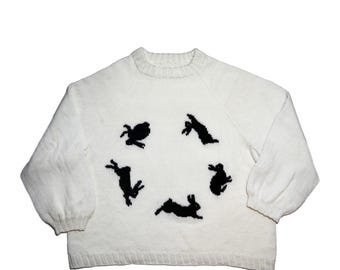 Handknit Bunny Sweater – Oversized Merino Wool Knit - Cozy Cottagecore Rabbit Jumper - Handmade Winter Sweater