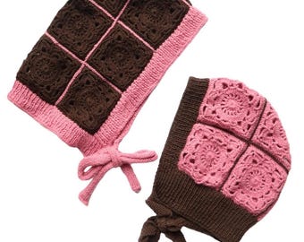 Handmade Granny Square Knit Bonnet Hood – Wool Crochet Tie Hood – Cottagecore Patchwork Headwear – Cozy Winter Bonnet