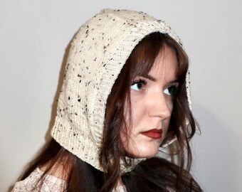 White Speckled Knit Balaclava – Hand Knit Hood Made from Vintage Yarn - Cozy Winter Hood - Slow Fashion Headwear