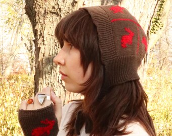 Hand Knit Bunny Bonnet Hat – 100% Merino Wool – Custom Color Rabbit Bonnet – Cozy Winter Hat – Matching Bunny Handwarmers Set Available