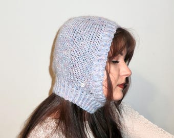 Hand Knit Pastel Purple Balaclava - 100% Wool Knit Hood - Cotton Candy Lilac Winter Headwear - Star Button Detail