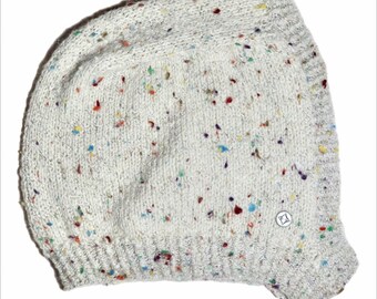 White Rainbow Speckled Wool Balaclava – Hand Knit Hood with Star Button – Slow Fashion Knit Hat – Cozy Winter Headwear