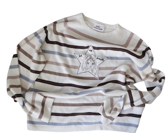 Upcycled Striped Sweater with Embroidered Star Patch – One of a Kind Thrifted Knit – Oversized Cozy Slow Fashion Top