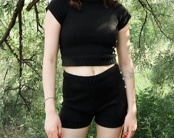 Black Hand Knit Cotton Matching Set with Star Buttons | Slow Fashion Crop Top & Shorts | Minimal Handmade Summer Set