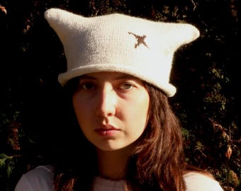 Hand Knit White Cat Ear Beanie - Intarsia Wool Blend Hat - Soft Winter Headwear - Handmade Slow Fashion
