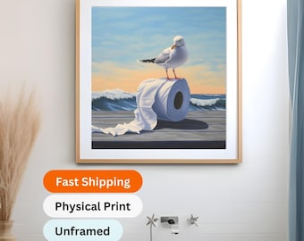 Beach House Bathroom Seascape Painting, Coastal Print Hamptons Decoration, Seagull Wall Art, Nautical Artwork, Washroom Toilet Paper Poster