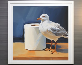 Beachhouse Bathroom Painting, Coastal Print, Seagull Wall Art, Nautical Artwork, Beach Washroom, Toilet Paper Painting, Vacation Home Decor