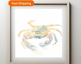 Coastal Crab Watercolor Painting, Minimalist Beach House Wall Art Nautical Print, Lake Cottage Decor, Ocean Vacation Home Abstract Colorful