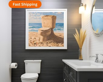 Beachhouse Bathroom Painting, Coastal Crab Print, Crab Wall Art, Nautical Artwork, Sandcastle Toilet Painting, Vacation Rental Home Decor
