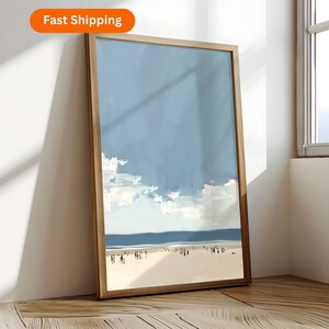 Seaside Beachgoers Painting, Coastal Print for BeachHouse Decor Vacation or Rental Home Wall Art, Sunbathers at Shoreline Playing in Waves