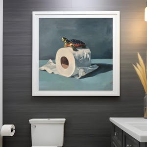 May include: A bathroom scene featuring a white toilet, a dark gray vanity, and a framed painting. The painting depicts a turtle on a roll of toilet paper. The walls are dark gray, and the floor is tiled.
