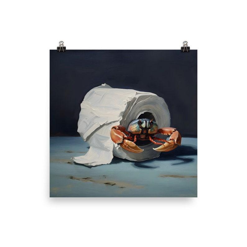 A whimsical painting of a crab crawling out of a roll of toilet paper against a dark background. Perfect for any bathrooms especially for vacation homes, beach houses, and rental propertis. Available in different sizes.