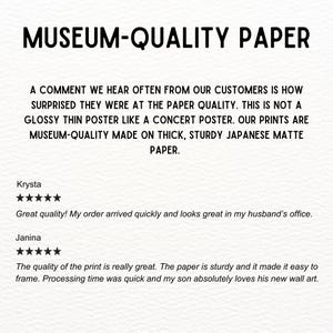 May include: Text on a white background reads "MUSEUM-QUALITY PAPER." The text describes the paper quality, stating it's not a glossy poster, but museum-quality, thick, and sturdy Japanese matte paper. Customer reviews are also included.