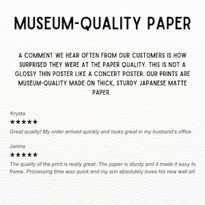 Museum-Quality Paper

A comment we hear often from our customers is how surprised they were at the paper quality. This is not a glossy thin poster like a concert poster. Our prints are museum-quality made on thick, sturdy Japanese matte paper.