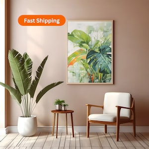 Tropische botanisch inspirierte Wandkunst, Palmenblattdruck, Monstera, Abstrakt, Geschenk für Pflanzenliebhaber, Topfpflanze, Dschungelmalerei, grüne Wandkunst