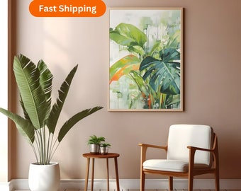 Art mural tropical d'inspiration botanique, impression de feuilles de palmier, Monstera, abstrait, cadeau pour amoureux des plantes, plante en pot, peinture de la jungle, oeuvre d'art murale verdure