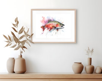 Pintura de trucha arco iris, cartel de pescado, decoración de cabina, regalo para pescador, regalo de pesca con mosca, arte rústico de la pared, decoración náutica, impresión de acuarela