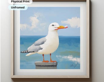 Beach House Bathroom Seascape Painting, Seagull With Toothbrush, Washroom Poster, Coastal Print Hamptons Decoration, Quirky Funny Art Kids