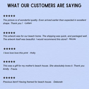 May include: A light blue background with the text "WHAT OUR CUSTOMERS ARE SAYING" in black. Below are customer reviews with five-star ratings, praising the quality and appearance of the artwork.
