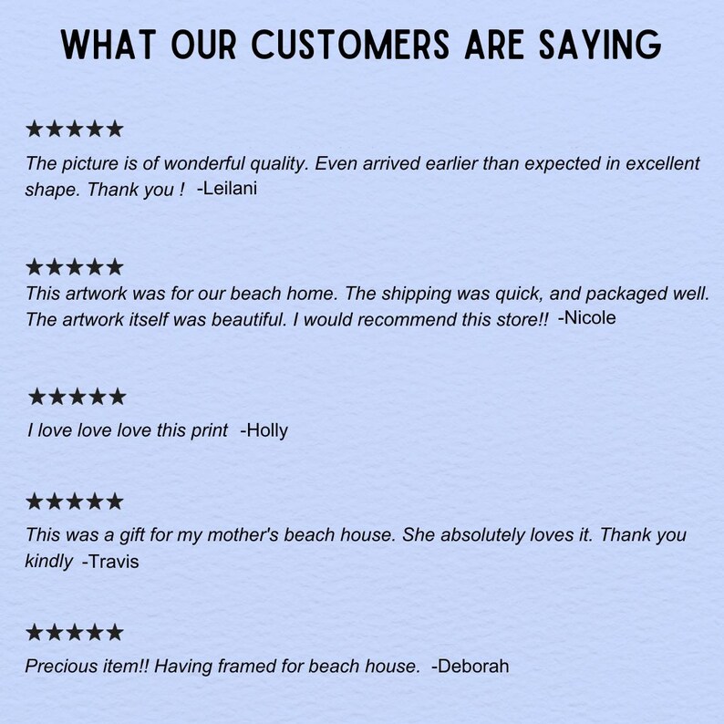 May include: A light blue background with the text "WHAT OUR CUSTOMERS ARE SAYING" in black. Below are customer reviews with five-star ratings, praising the quality and appearance of the artwork.