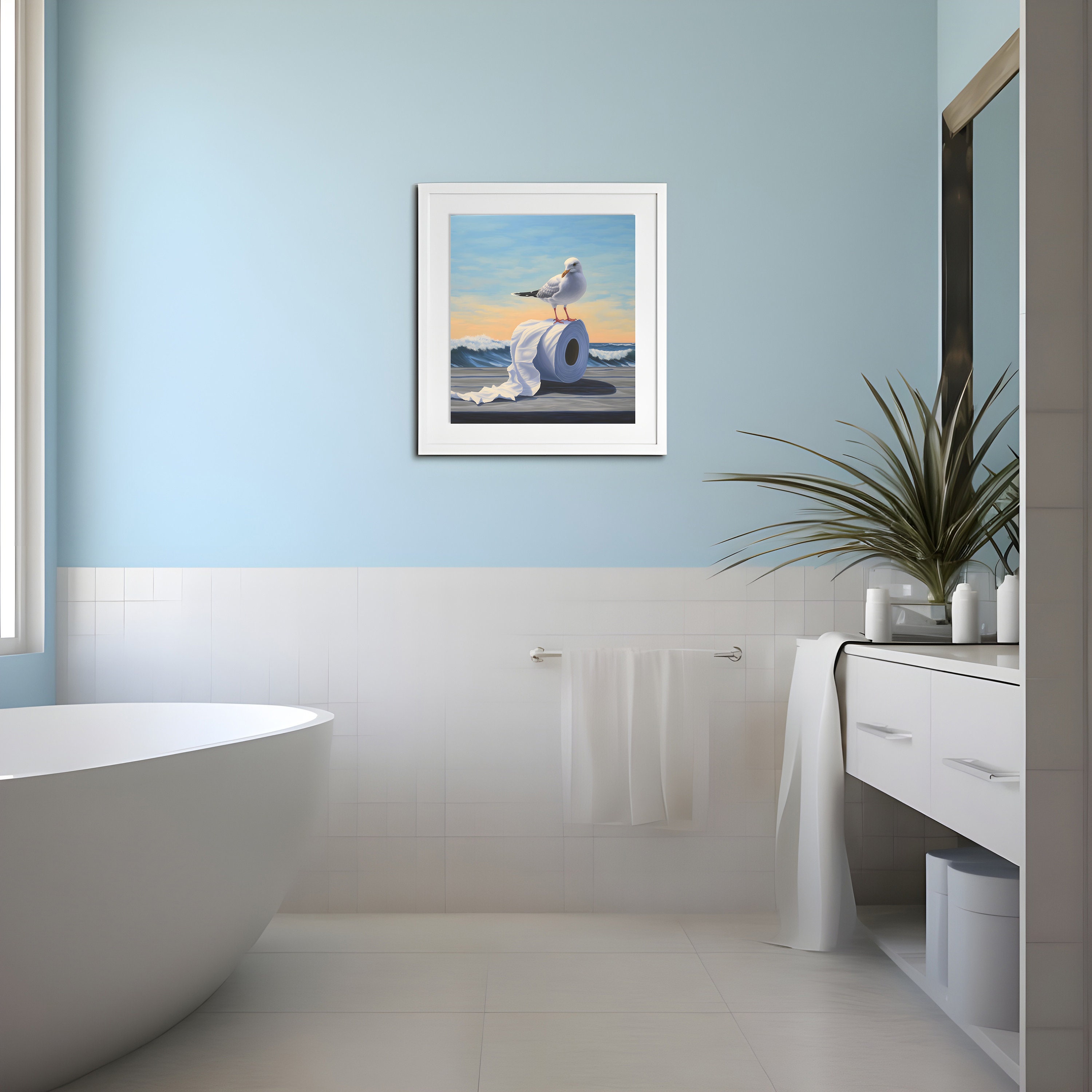 Beachhouse Bathroom Painting, Coastal Print, Seagull Wall Art, Nautical ...