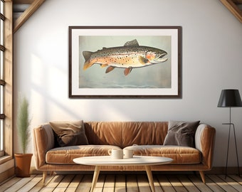 Impresión de trucha, cartel de pescado vintage, arte de la pared de la cabina, cartel de trucha, regalo de pesca con mosca, regalo para el pescador, arte de la pared náutica, arte de la pared de la cueva del hombre