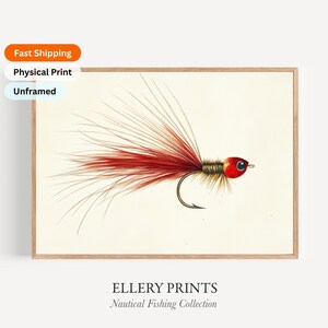 Può includere: Un'illustrazione vintage di un'esca da pesca rossa e dorata con piume. L'esca è raffigurata su uno sfondo bianco con il testo "ELLERY PRINTS Nautical Fishing Collection".