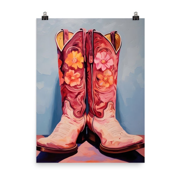 Pink Cowboy Boot Print, Stylish Western Footwear, Cowgirl Fashion Wall Art, College Sorority or Dorm Room Decor, Physical Print on Paper
