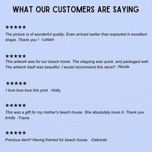 May include: A light blue background with the text "WHAT OUR CUSTOMERS ARE SAYING" in black. Below are customer reviews with five-star ratings, praising the quality and appearance of the artwork.