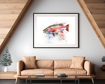 Rainbow Trout Poster, Fish Print, Cabin Decor, Gift for Fisherman, Fly Fishing Gift, Rustic Wall Art, Nautical Decor, Watercolor Painting