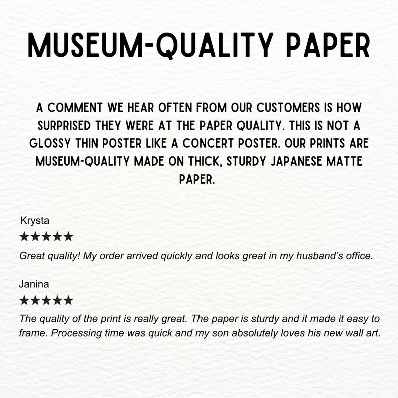 May include: Text on a white background reads "MUSEUM-QUALITY PAPER." The text describes the paper quality as thick, sturdy Japanese matte paper. Customer reviews are included, praising the quality and ease of framing.