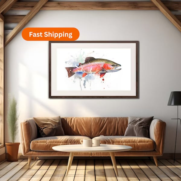 Regenbogenforelle Gemälde, Fisch Poster, Cabin Decor, Geschenk für Fischer, Fliegenfischen-Liebhaber, rustikale Wandkunst, nautisches Dekor, Bachforelle Druck