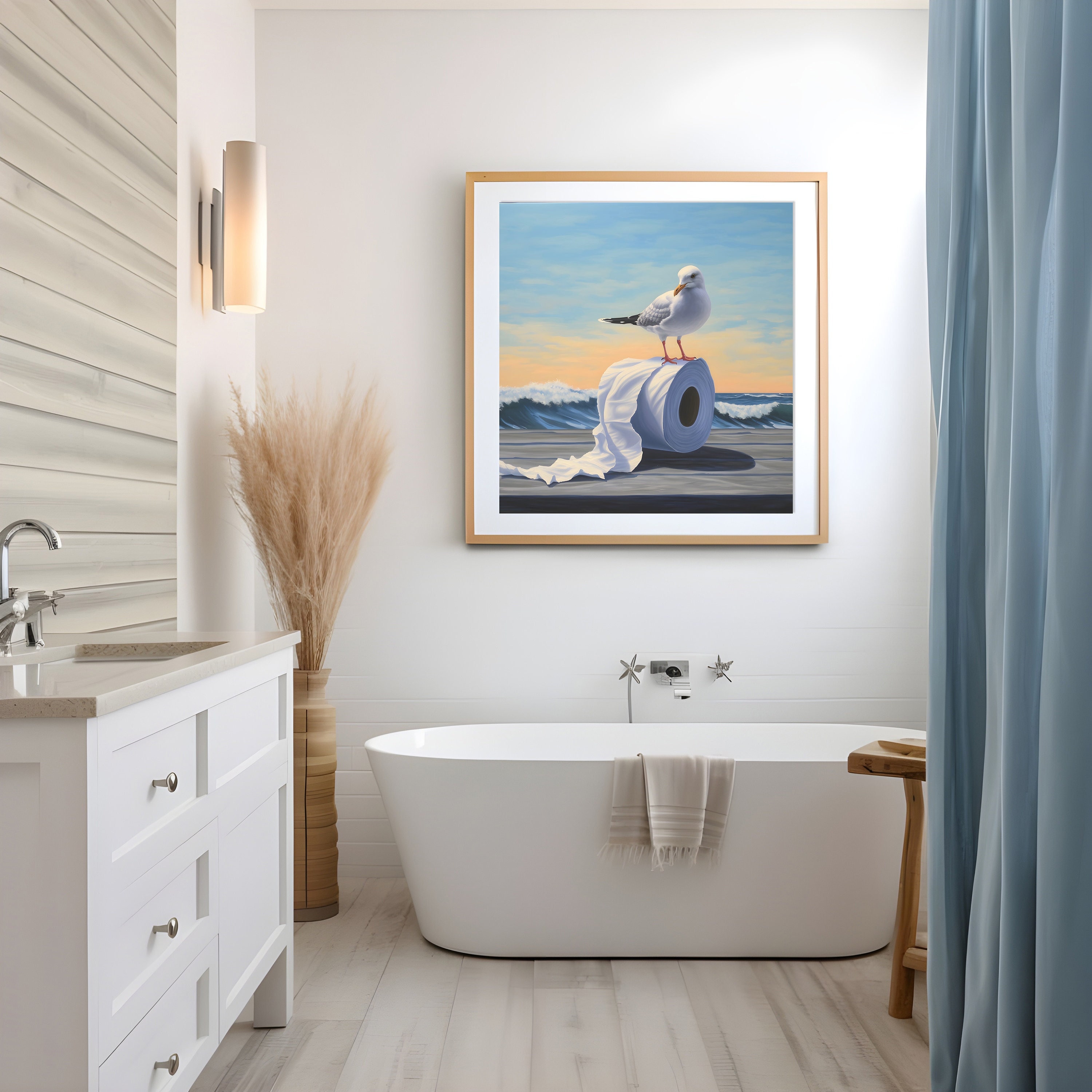 Beachhouse Bathroom Painting, Coastal Print, Seagull Wall Art, Nautical ...