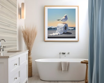 Beach House Bathroom Seascape Painting, Coastal Print, Seagull Wall Art, Nautical Artwork, Washroom Toilet Paper Poster, Vacation Home Decor