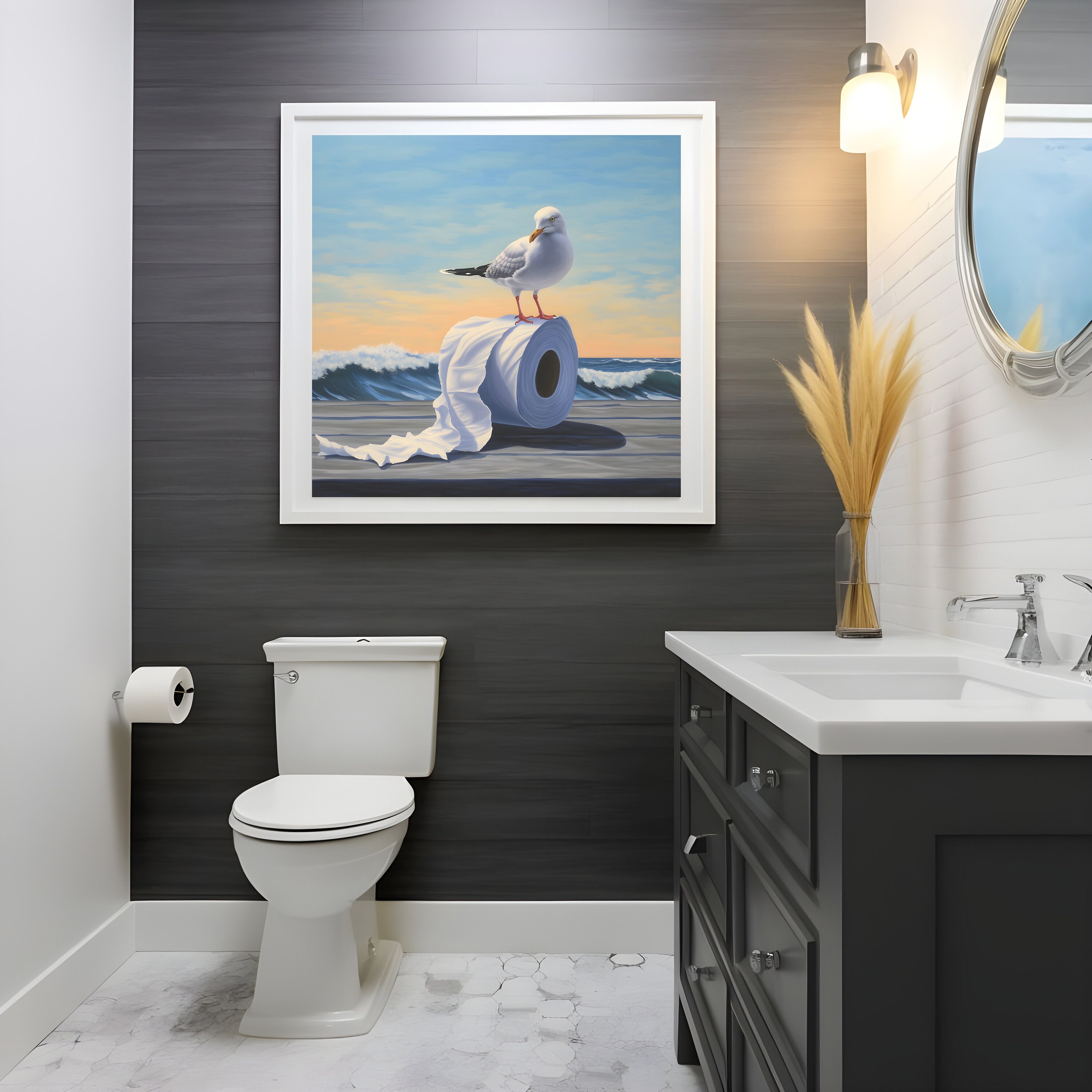 Beach House Bathroom Seascape Painting, Coastal Print, Seagull Wall Art ...